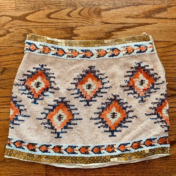 ZARA Beaded Sequin Mini Skirt Size Small Tribal Aztec Embellished Festival Boho - Picture 2 of 9